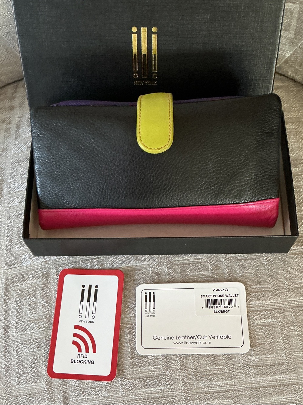 ili New York Smartphone Wallet Black Leather Wallet Clutch Pink Accent in 📦 box
